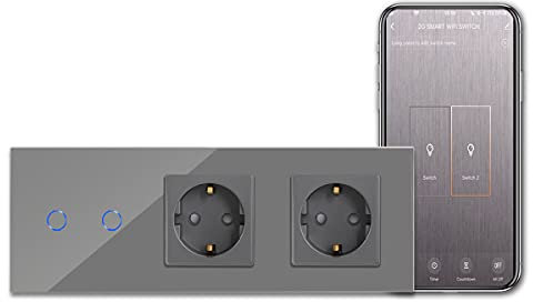 CNBINGO Smart Touch Lichtschalter mit Doppel Schuko Steckdose unterputz - WLAN Schalter Arbeit mit Alexa, Google Assistant - Wandschalter zweifach in Grau - Ohne Neutralleiter