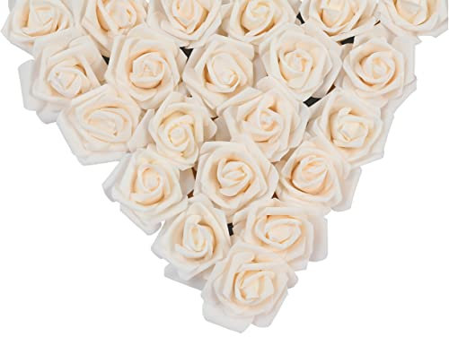 Ancokig Schaumrosen Künstliche Blumen Rosenköpfe Rosenblüten Foamrosen Brautstrauß DIY Party Hause Hochzeit Deko (50 Stück, Champagner)