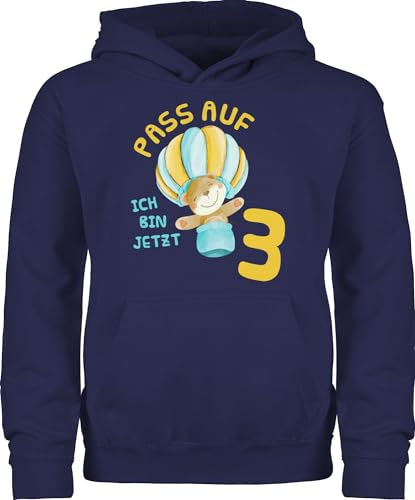 Shirtracer Kinder Hoodie Jungen Mädchen - 3. Geburtstag - Pass auf ich Bin jetzt DREI Bär Heißluftballon - 104 (3/4 Jahre) - Navy Blau - Geschenk 3 Jahre jährige Pullover 3.Geburtstag werde alt