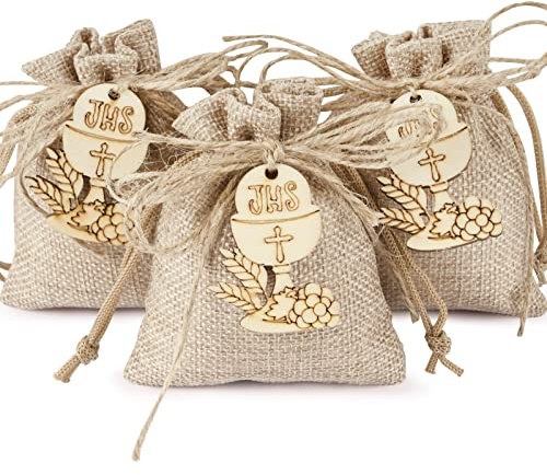 24pcs Sachets Jute Sac Cadeau et 24pcs Calice de Communion en Bois avec 10M Cordons Pochette Bonbons Pendentifs Embellissements Bonbonnière Décoration Emballage pour Fête Anniversaire Noël Mariage