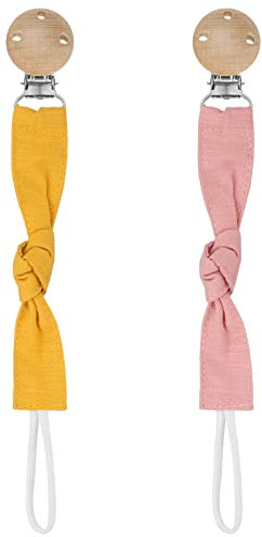 Hugttt Attache Tetine Tissu, 2 Pièces Attache Sucette Fille Garçon Accroche Tetine Bois, Pacifier Chain Chaîne de Tétine pour Bébé, Accessoires Tétine Cadeau Naissance(Rose+Jaune)