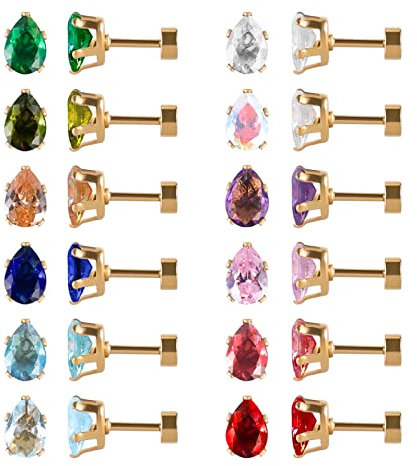 12 Paare flache Rückseite chirurgischen Edelstahl Ohrstecker, Schraube zurück Herz Stern Quadrat Teardrop vergoldet CZ Birthstone Ohrstecker Set Gold Teardrop 4mm
