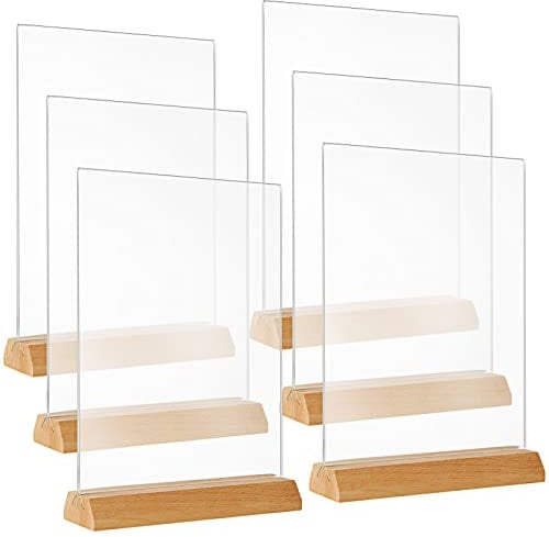 MIVIDE 6PCS A5 Acrylic Sign Holder, A5 Acrylic Double Sided Display Stand with Wood Base, T-Shape Perspex A5 Menu Stand Sign Holder for Tables, Poster, Wedding Restaurant