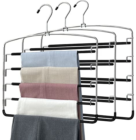Pants Hangers 3 Pieces,5 Tier Closet Organizers and Storage Clothes Hanger,Hangers Space Saving with Swing Arm,Multiple Metal Hanger Clothes Organization for Pants Trousers Jeans Leggings Slacks
