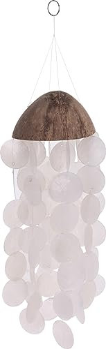 MIJOMA Capiz Muschel-Windspiel für Innen Außenbereich - Handgemacht, Klangspiel mit Muscheln, Gartendeko, Geschenk für Terrasse Garten - 45 cm, Ø 13-14 cm, Holz Kokosnuss (weiß - Capiz rund)