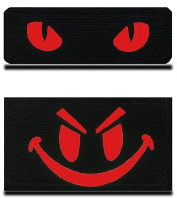 2 St.Schwarz Rot Reflektierend Lächelndes Gesicht und Katzenaugen Fun Patch Gestickt Applikationen für Kleidung Taschen Rucksack Uniform Weste Hundegeschirr Helm Militär Taktisch