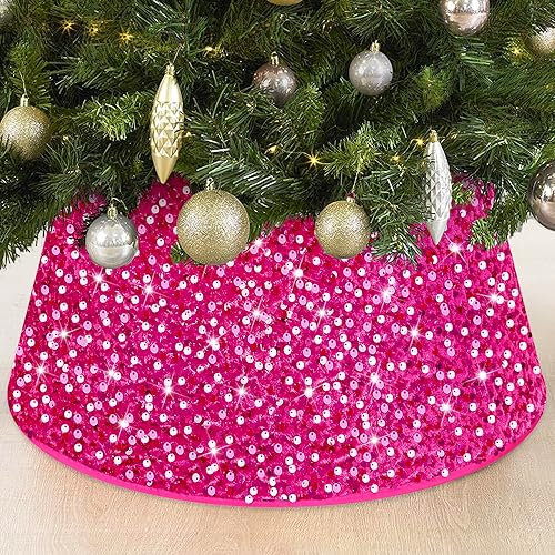 FOTSHARER Weihnachtsbaum Kragen Hot Pink 23.6 Zoll Künstliche Pailletten Baum Ring Glitzer Weihnachtsbaum Rock Fuchsia für Winter Urlaub Holz Baum Box Rock für Geburtstag Weihnachtstag Dekorationen