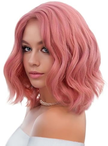 REEWES Rosa kurze Frauen Perücken, Körper Welle synthetisches Haar für Frauen, lockiges Seitenteil Mädchen Cosplay Party tägliches Kostüm Anime