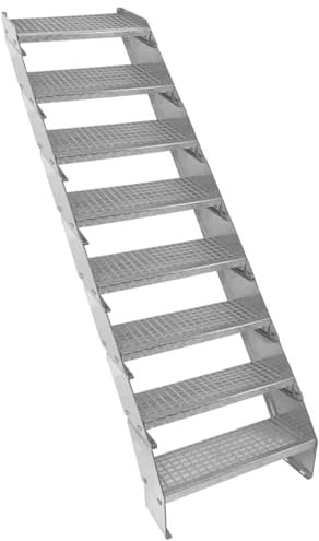 Scala in metallo a 8 livelli regolabile in altezza 60 cm di larghezza Acciaio zincato argento 8 gradini regolabili Griglia resistente alle intemperie Spessore asta 5 mm Kit di fissaggio GRATUITO
