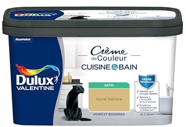 Dulux Valentine Peinture Intérieure Crème de Couleur Cuisine et Salle de Bain - Pièces Humides Murs et Boiseries - Résistant aux taches et à l'humidité - Satin Jaune Safrane 2 L