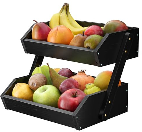 G.a HOMEFAVOR Support de Corbeille à Fruits en Bambou à 2 étages, Support à Panier de Fruits Rangement pour les légumes pour plan de travail de cuisine pour Fruits, Légumes, Pain, collations, Noir