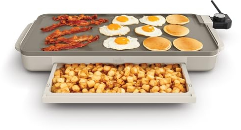 bella 10x20 Ceramic Griddle with Warming Tray, 1500W Non-Toxic, Oatmilk