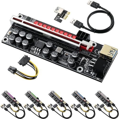 YABOANG PCI-E Riser 16x auf 1x für Bitcoin GPU Mining Powered Riser Adapterkarte,LED bunter Lichteffekt,11 Feste Kondensatoren,60cm USB 3.0 Kabel-Ethereum ETH Mining-VER014 (6 Stück)