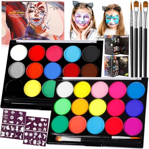 ZZXLOPEZ Body Painting, 30 Colori Face Painting, Neon Corpo Pittura Viso e Corpo, UV Face Paint, Pittura Corpo con 40 Stampini e 4 Pennelli,Corpo di Vernice Adatto Halloween Party,Fancy Dress,Cosplay