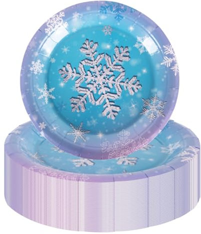 PHUNAT Blue Paper Plates, Pack of 50 7'' Gradient Color Party Plates,Purple Birthday Party Plates,Dinner Paper Plates,Snowflake Party Supplies Decor for Winter Holiday Xmas Frozen Part