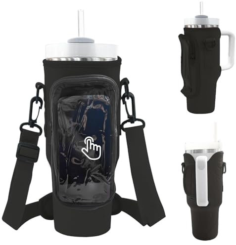 WUDEUI Water Bottle Carrier Bag for Stanley 40 oz Tumbler with Phone Pocket Adjustable Shoulder Strap, Water Bottle Holder Stanley Cup Accessories (Black)