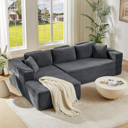 Ostarvis 275 cm Boneless Couch (Rahmenlos), Cord Wohnlandschaft Sofabett, Modulares L Form Sofa mit Getränkehalter, tiefer Sitzfläche & 4 Seitentaschen, Keine Montage (Ottomane Links, Grau)