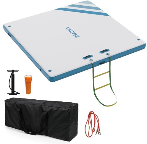 Crevyteg Plateforme flottante gonflable pour sports nautiques – Île robuste 2-6 personnes, surface EVA antidérapante, pompe manuelle, sac de transport, échelle – Idéale pour lac, piscine, mer – Taille