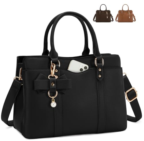 RAINSMORE Handtasche Damen Mittelgroß PU Leder Umhängetasche Damen Schwarz | Henkeltasche Damen mit schultergurt für Arbeit Täglich, Damen Tasche für 11 Zoll Tablet