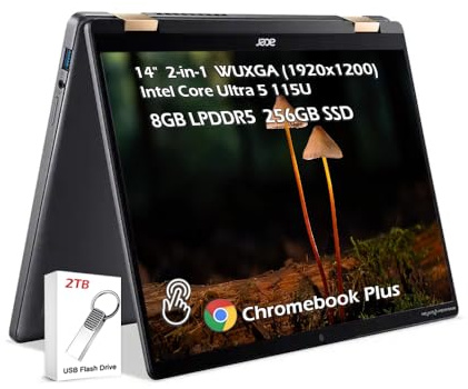 acer Chromebook Plus Spin 714 2-in-1 Laptop with Google AI, 14 WUXGA IPS Touch, Intel Core Ultra 5 115U, 8GB LPDDR5 256GB SSD, Backlit KB Wi-Fi6E Chrome OS, Steel Gray, w/2TB USB Drive, W/GaLiMu