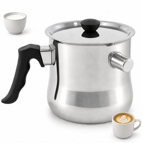 Milchtopf Induktion 2L – Doppelwandiger Edelstahltopf mit Deckel & Pfeife | Simmertopf für Gas, Elektro, Induktion – Puddingtopf für Schmelzen, Wasserbad & Milch Erhitzen