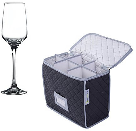 Champagne Glasses -Champagne Flute Quilted Storage Case and Pack of 6 x Lal Champagne Flutes 23cl / 8oz