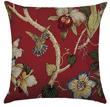 WEIANG Kissen Vintage Floralreen Leaf Rot Rose Vogel Malerei Dicke Baumwolle Leinen Doppelseitig 18 x 18/45 x 45 cm Überwurf Kissen Fällen 03