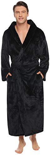 Vlazom Peignoir Homme Polaire Robe De Chambre Longue Capuche Doux et Chaud Sortie De Bain pour Homme Hivers,M,Noir