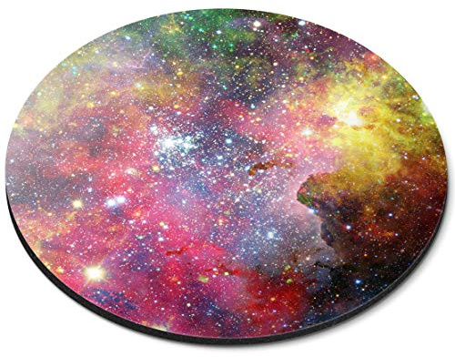 1 tapis de souris rond de 20 cm - Motif galaxie - Nébuleuse - Système solaire - Science, physique, astronomie, astrologie - Rose, rouge, jaune, bleu - #8764