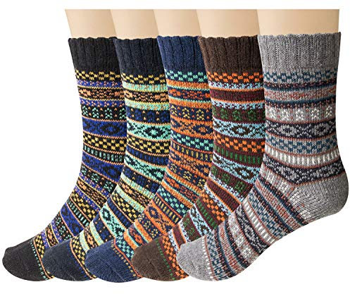 Justay Pucott 5 Paar Winter Wolle Damen Socken Wollsocken Thermosocken f¨¹r Frauen Bunte Gemusterte Stricksocken