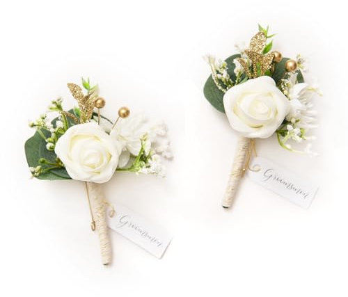 Ling's moment ansteckblume Anzug Buttonhole für Männer, 2 Stück Bräutigam Trauzeugen Gast-Boutonniere, künstliche Blumen für Hochzeit/Abschlussball/Heimkehr usw. Weißer Babyatem Elfenbein