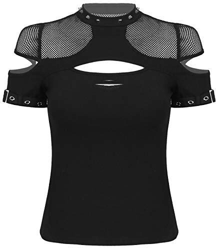 FEESHOW Damen Netzoberteil Transparent Mesh Nieten Tshirt Bluse Sommertop Oberteil Punk Fasching Karneval Party Kleidung Trainning Workout sporttop Schwarz L