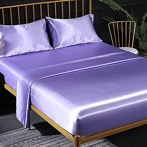 Jemiipee Completo Lenzuolo Letto Matrimoniale, 1 x Lenzuola Sotto con Angoli Tinta Unita 180x200 cm con 1 x Lenzuolo Piatto e 2 x Federe, Biancheria da Letto in Raso, Viola Chiaro