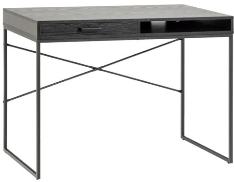 AC Design Furniture Jörn Schreibtisch mit Schublade und Offenen Fach, H: 75 x B: 110 x T: 45 cm, Schwarz Esche Optik/Schwarz, Holz/Metall, 1 Stk.