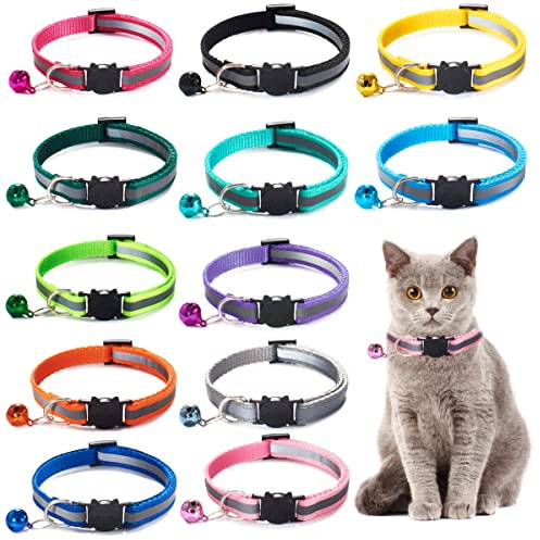 Tengs Katzenhalsband, reflektierend, mit Glocken, verstellbar von 19 bis 32 cm, 12 Farben, geeignet für die meisten Katzen und Welpen, 12 Stück