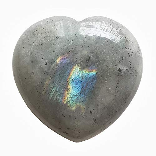 Manekieko Natürlicher Mondstein Palm Worry Carved Heart Love Stone, 40mm Kristalle und Heilsteine