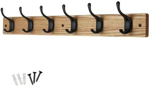 keypak 6 Matte Black Coat Hooks on Ash Effect Wooden Board - 68cm Modern Wall Mounted Coat Rack Clothes Hanger