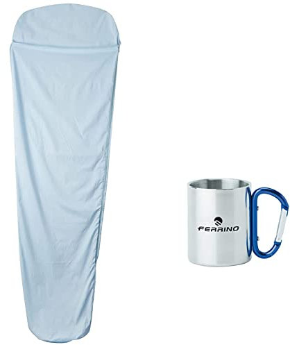 Ferrino Sacco Lenzuolo Azzurro Mummy, 220x80x50 cm, Tasca porta cuscino, Cerniera laterale, Realizzato in cotone non trattato, Ottimo per adulti (Unisex)