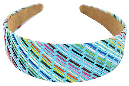 axy HRN1 Serre-tête large, aspect raphia, avec surface tressée, pour femme, idéal pour l'été (bleu-multicolore)