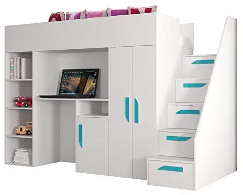MEBLE KRYSPOL Party 14 Hochbett für Kinder, Jugendliche mit Stauraum - Etagenbett mit Schreibtisch, Kleiderschrank, Bücherregal und Trittleitern - 247x120x165 cm - Weiß, Weiß, Türkis