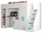 MEBLE KRYSPOL Party 14 Hochbett für Kinder, Jugendliche mit Stauraum - Etagenbett mit Schreibtisch, Kleiderschrank, Bücherregal und Trittleitern - 247x120x165 cm - Weiß, Weiß, Türkis