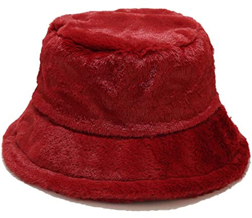 Yixda Damen Winter Mütze Fischerhüte Weiche Kunstpelz Eimerhut Bucket Warm Hut (Weinrot)
