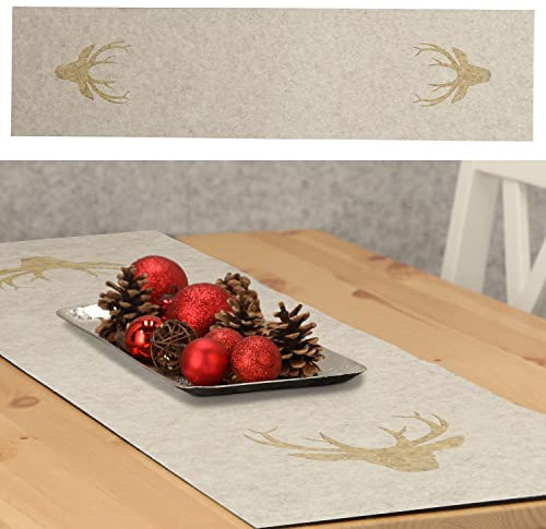 Tischläufer Hirschkopf | beige Gold 30x120x0,03cm 100% Polyester Filz | Tischdekoration Platzset Filzkorb Tischläufer (1 x Tischläufer Hirschkopf beige)