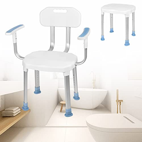 VA-Cerulean Duschhocker mit Rückenlehne und Armlehne,Aluminium Kunststoff Duschstuhl,Höhenverstellbar,Anti-Rutsch,Badhocker für Senioren Behinderte Schwangere(Type I)