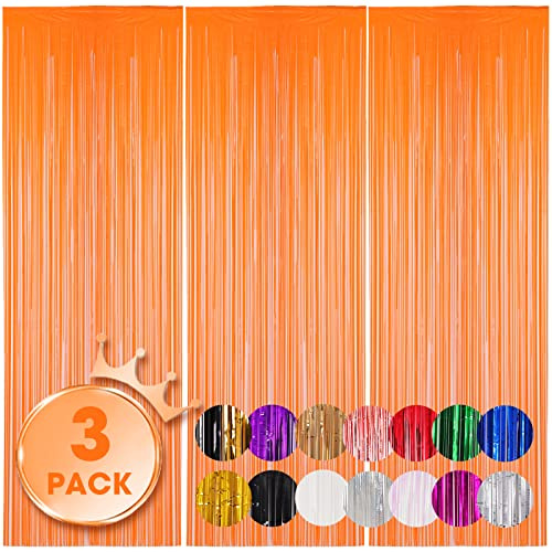 Voircoloria Fransenvorhänge, Lametta-Luftschlangen, Geburtstagsparty-Dekorationen, Fransenhintergrund für Abschlussfeier, Babyparty, Geschlechtsoffenbarung, Disco-Party, 3 Stück, 9,5 x 2,5 m, Orange