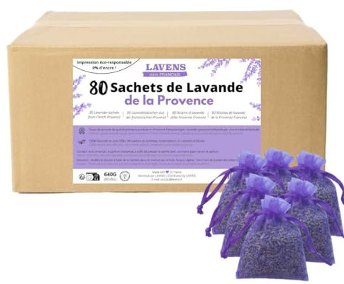LAVENS | 80 Lavendelsäckchen | Französische Provence | 640g | Mottenschutz für Kleiderschrank, Getrockneter Lavendel, Duftsäckchen, Auto Duft, Raumduft, Lavendelduft, Lavendelbeutel