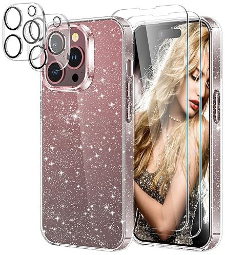 YIRSUR Glitter Clear Case Compatible with iPhone 15 Pro Max with 2 Pack Screen Protector with 2 Pack Camera Lens Protector, Soft TPU Bumper Anti-Scratch Shockproof Transparent for iPhone 15 Pro Max