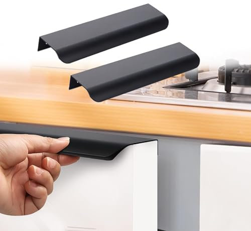 Xinlon 5 Piezas Tiradores de Cocina Ocultos Invisibles - 150 mm, Distancia de Perforación 128 mm, Negros con Tornillos - Para Muebles de Cocina, Baño, Gabinetes y Cajones