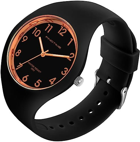 findtime Schwarz Jelly Armbanduhr Damen für Frauen Studenten Mädchen Jungs Minimalistisch Bunte Analog Quarz Damenuhr Weich Silikon Armband