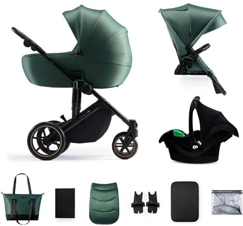 Kinderwagen Kinderkraft Prime 2 + Babywanne + Schutzhülle für Auto Mink Pro, Dunkelgrün